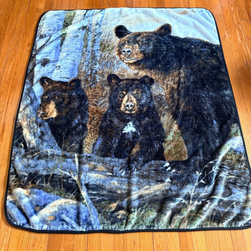 Vintage Reversible Black Bear Throw Blanket 49x59 Wildlife Cabin Lodge Fleece